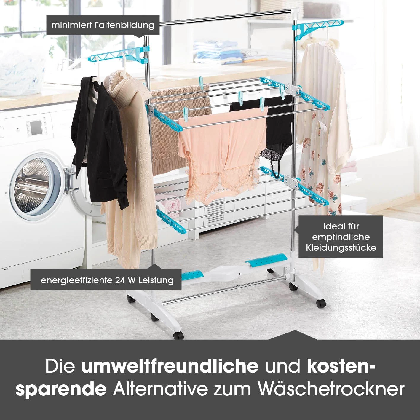 EASYmaxx Elektrischer Wäscheständer Wäschetrockner Wäschespinne 92x69x150cm, bis 15kg belastbar